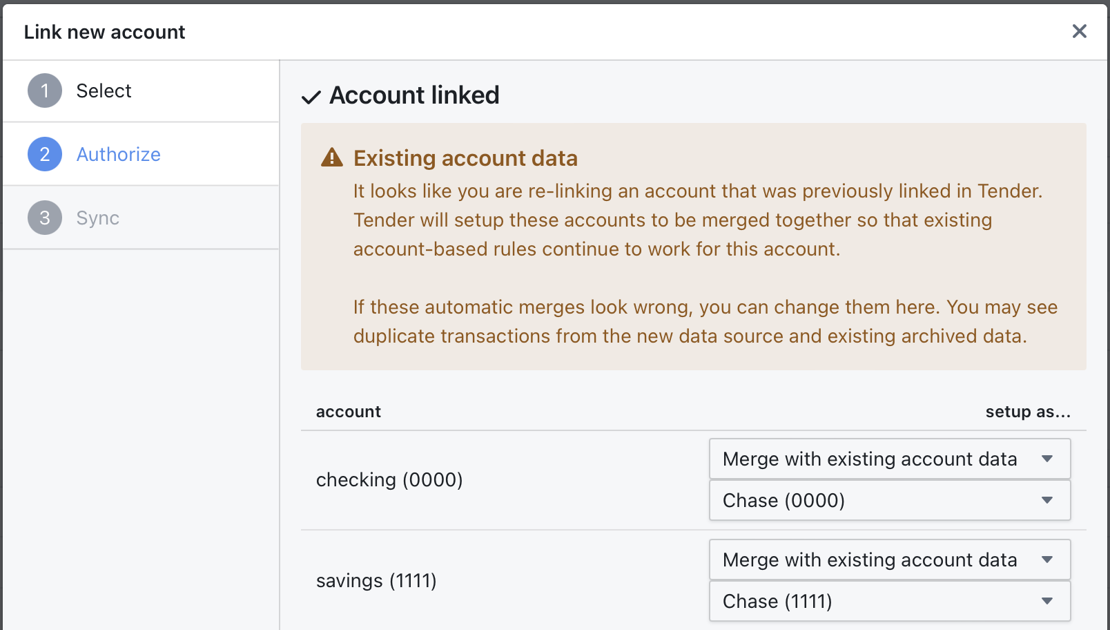 Merging accounts in Tender