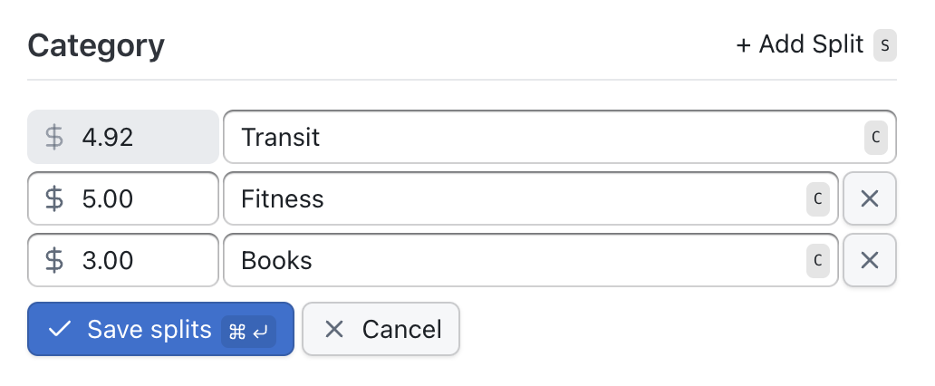 Tender showing a transaction with splits