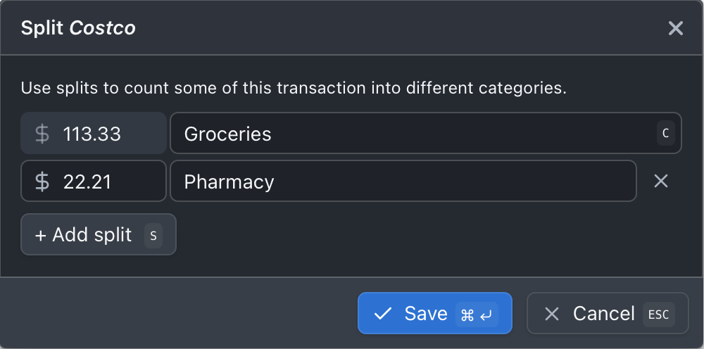 Split transactions into multiple categories