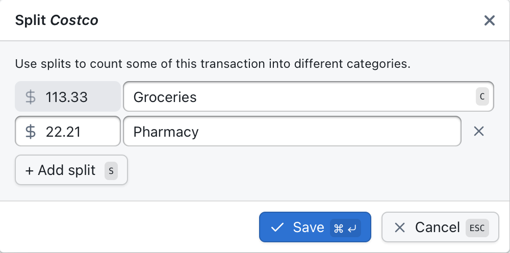 Split transactions into multiple categories