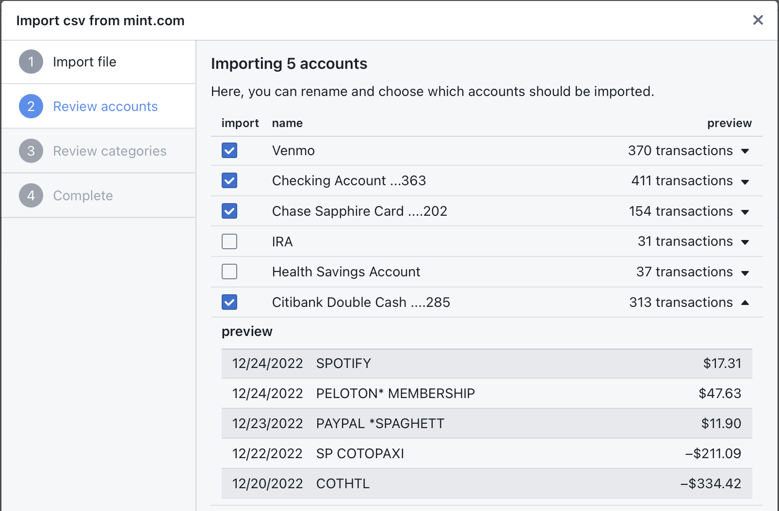 Choosing accounts from a mint.com import
