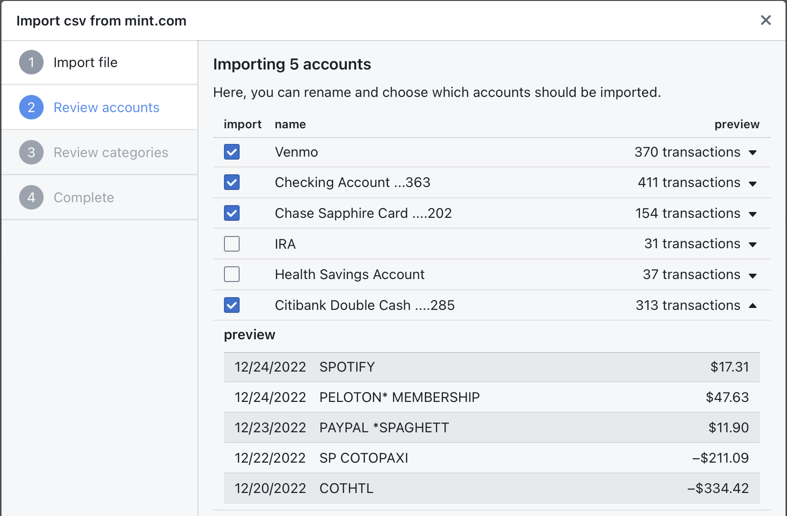 Choosing accounts to import from Mint into Tender