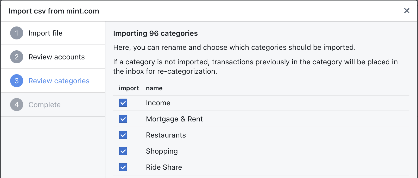 Choosing categories from a mint.com import